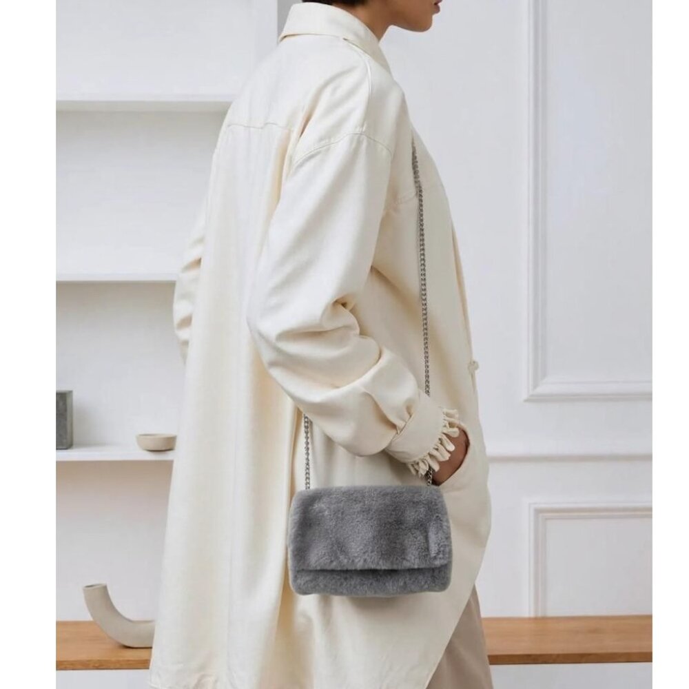 Faux Fur Fold-Over Snap Clasp Silver Tone Chain Gray Clutch Bag By Target